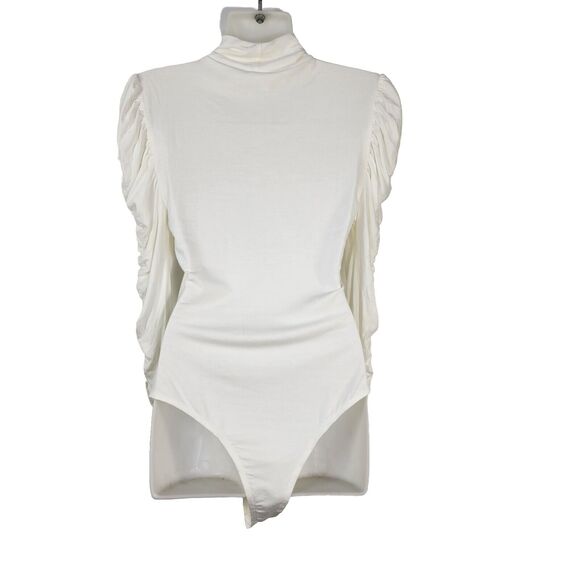 Love Tree Womens Bodysuit Size Medium Ivory Ruched Puff Long Sleeve Mock Neck - Picture 2 of 10